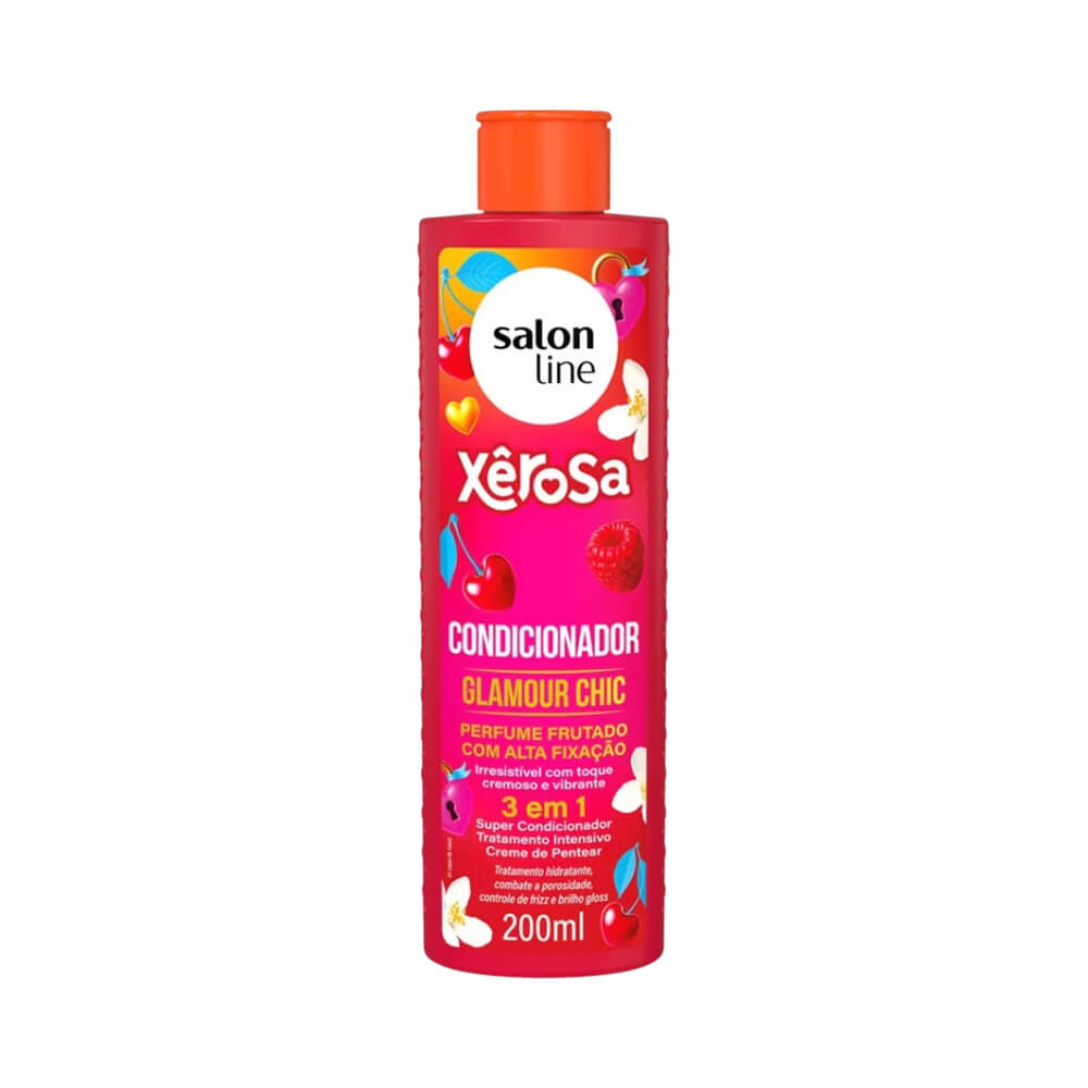 Frasco do condicionador Salon Line Xerosa Glamour Chic vermelho com tampa laranja e ilustrações de frutas e flores